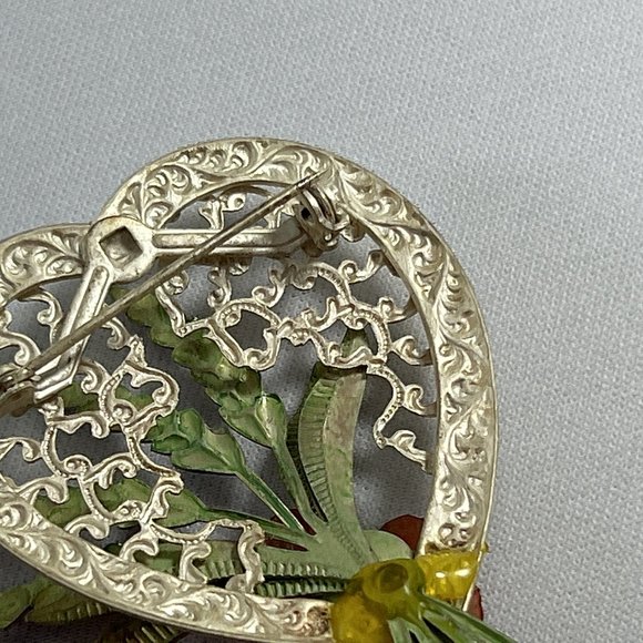 Vintage Open Metal Heart Flower Brooch Pin Pink Purple Cottagecore 2.25" X 1.75" - Picture 7 of 9